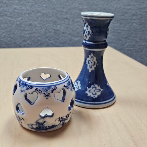 Vintage Delf Blue Hand-painted Votive Candle Holder Windmill Cut Peirced Hearts - Picture 1 of 8